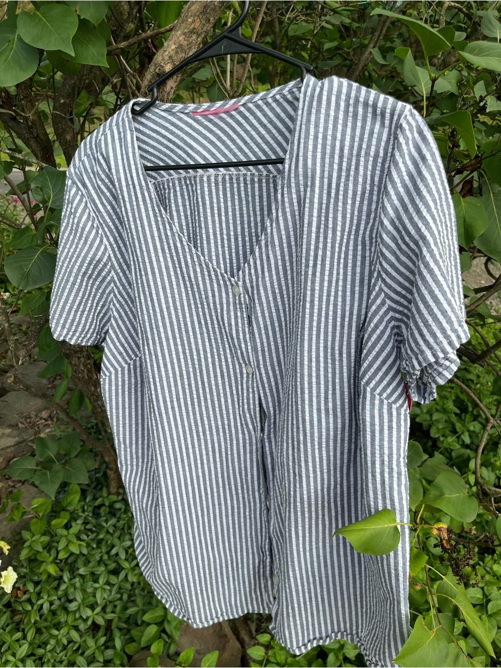 Button-Down V-Neck Striped Women’s Shirt - Gray & White